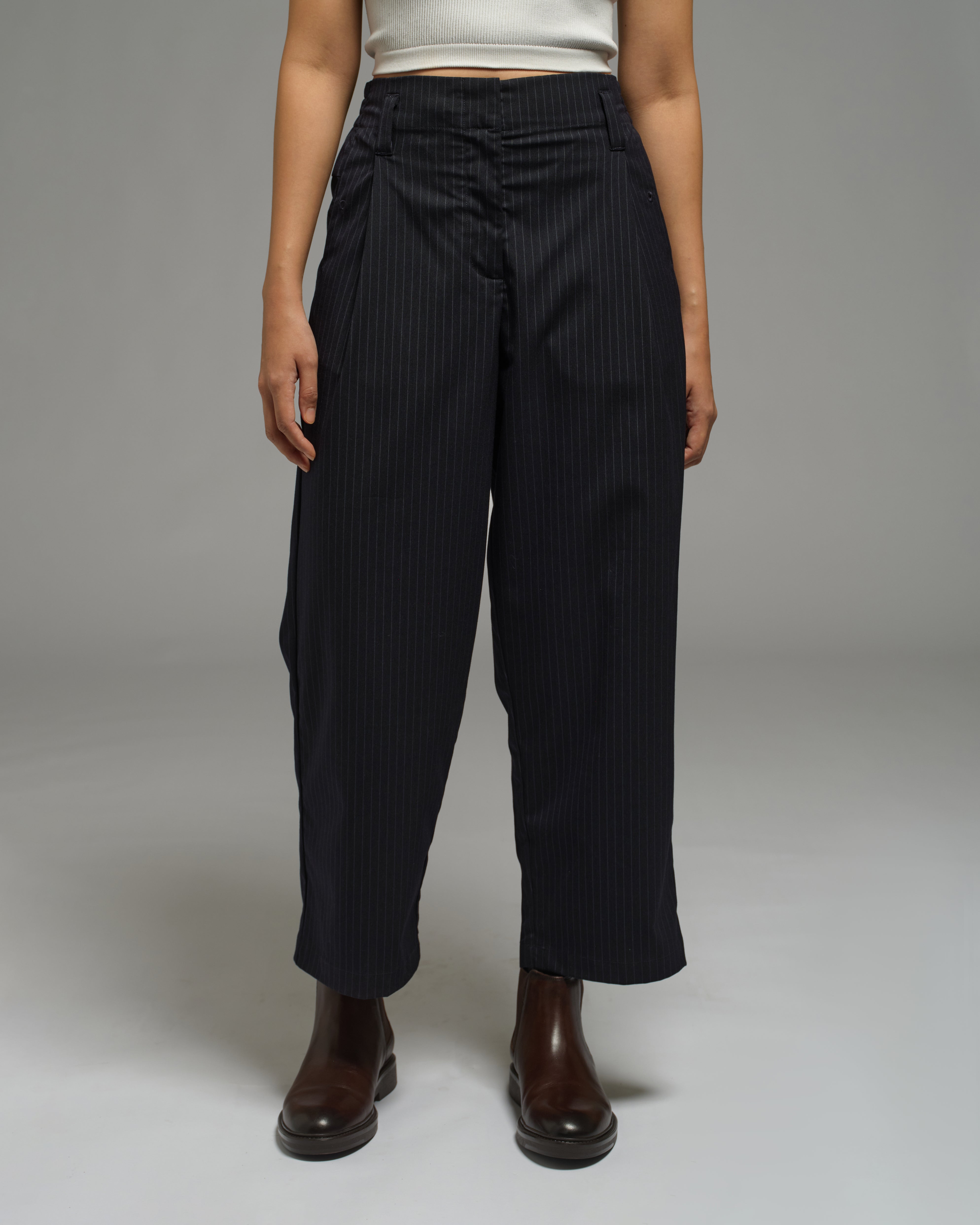 Unisex: Pleated Waist Pants (Pinstripe Navy)
