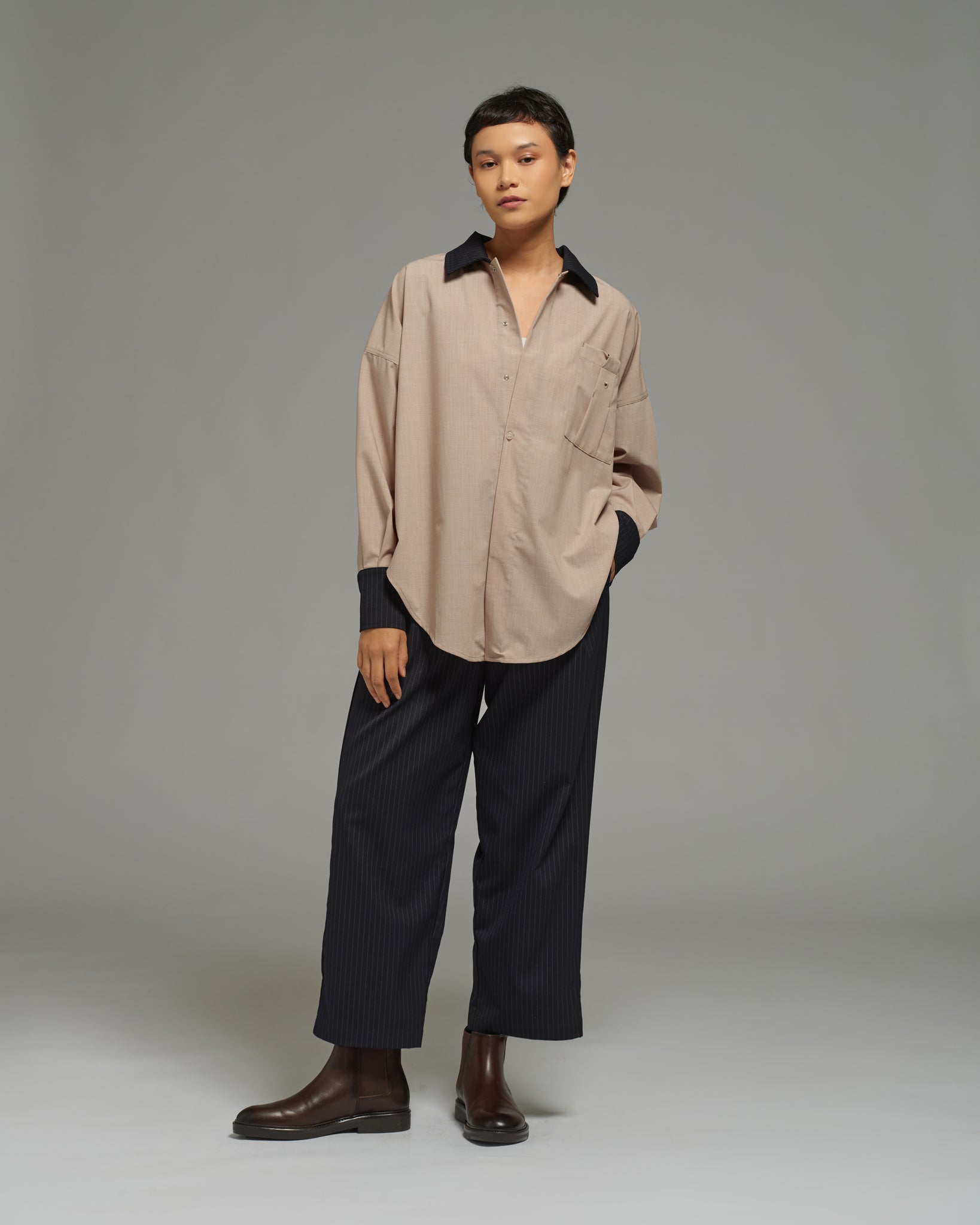 Unisex: Pleated Waist Pants (Pinstripe Navy)