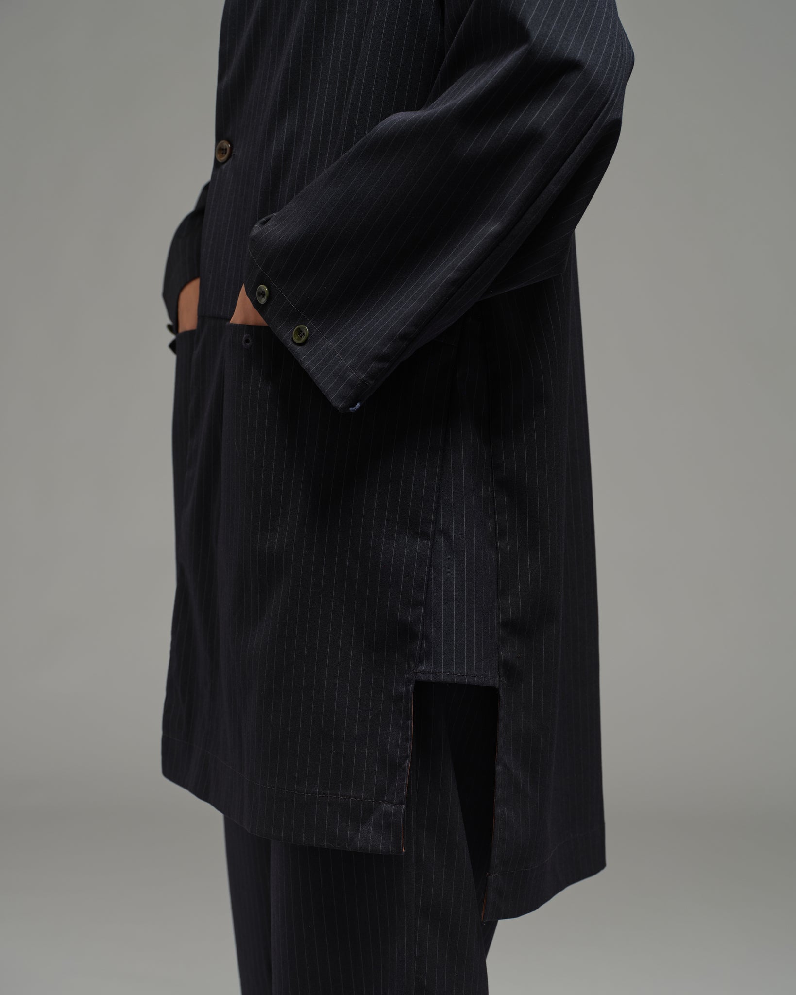 Unisex: The Overcoat (Pinstripe Navy)