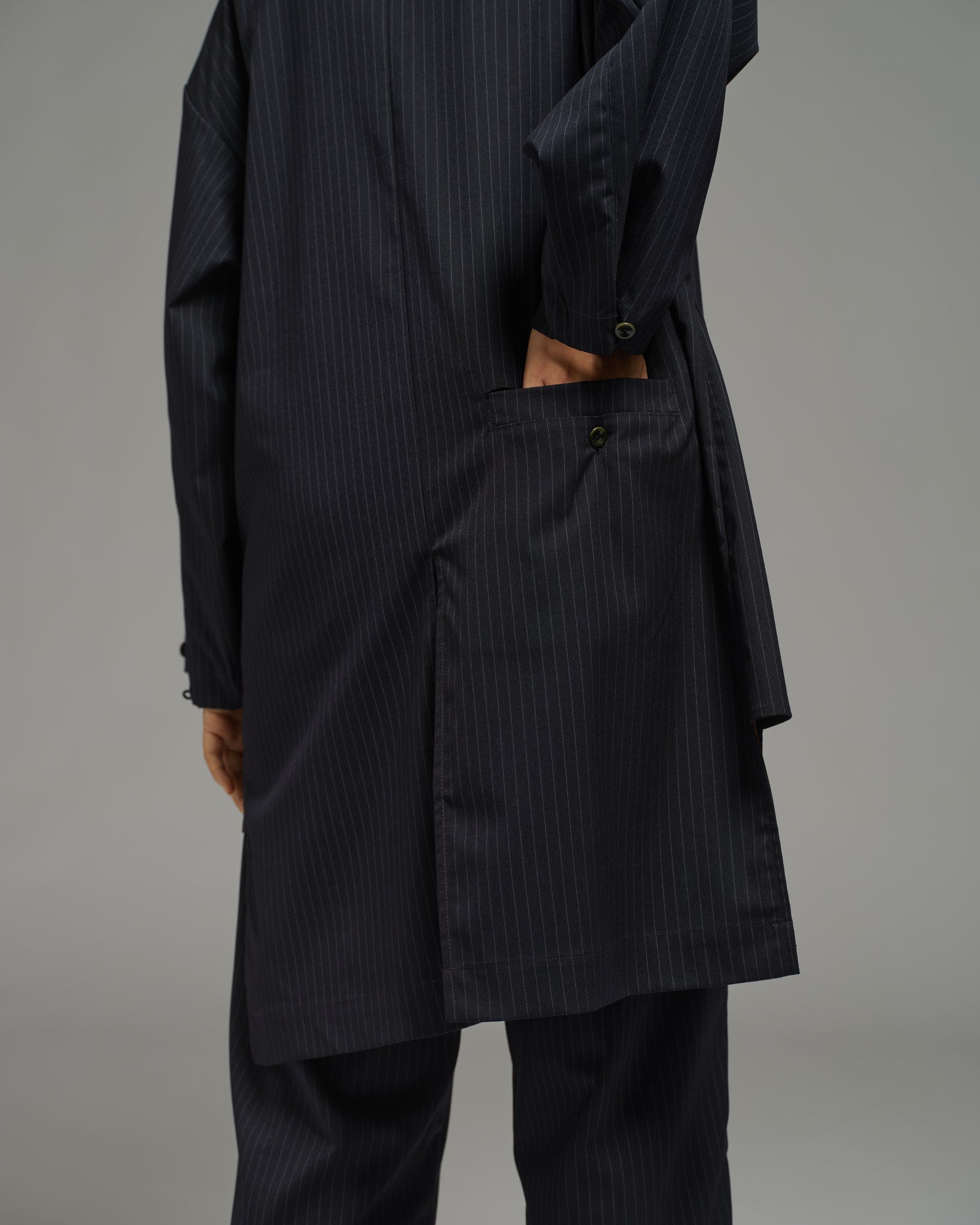 Unisex: The Overcoat (Pinstripe Navy)