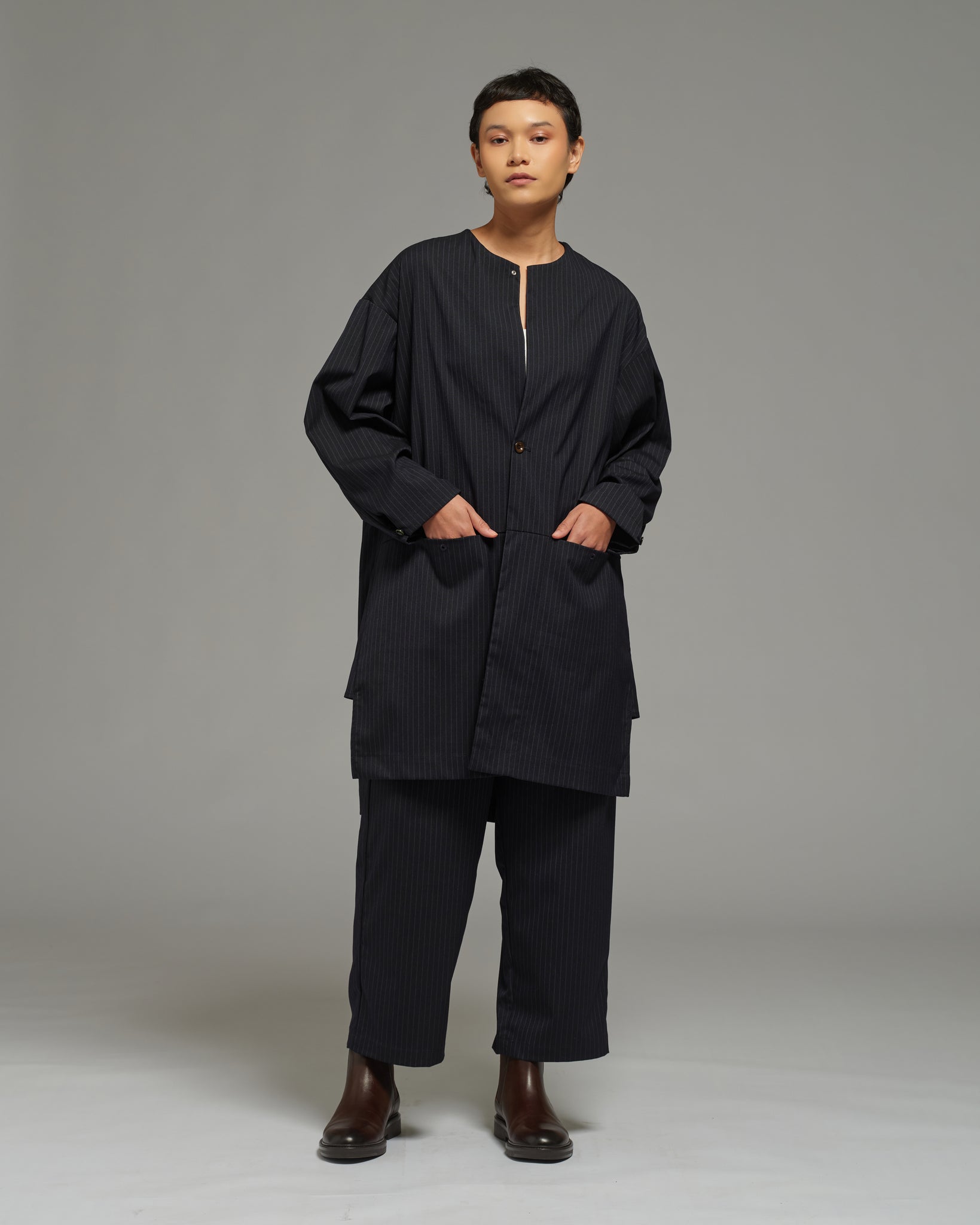 Unisex: The Overcoat (Pinstripe Navy)