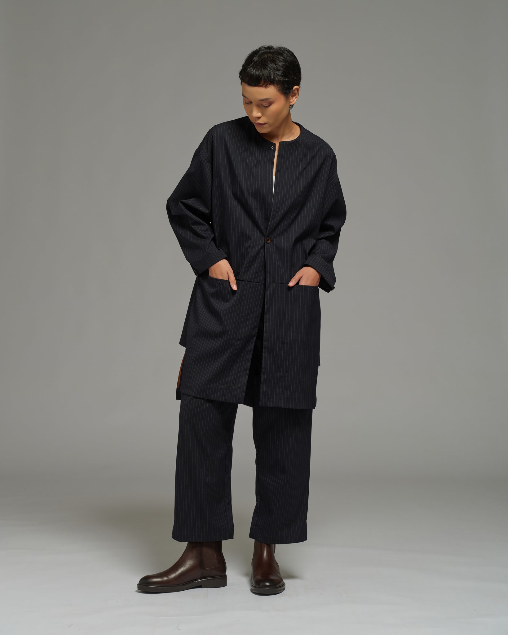 Unisex: The Overcoat (Pinstripe Navy)