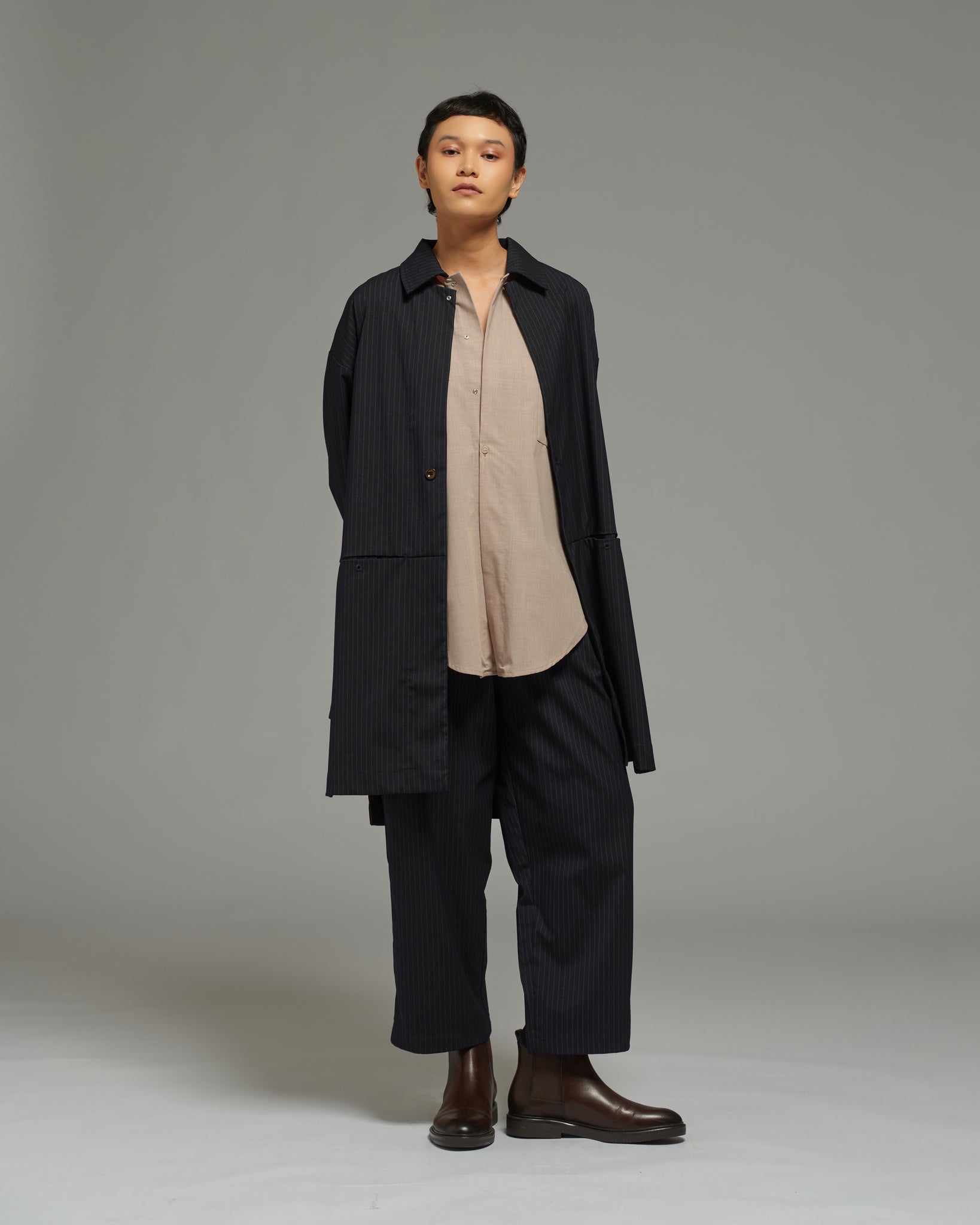 Unisex: The Overcoat (Pinstripe Navy)