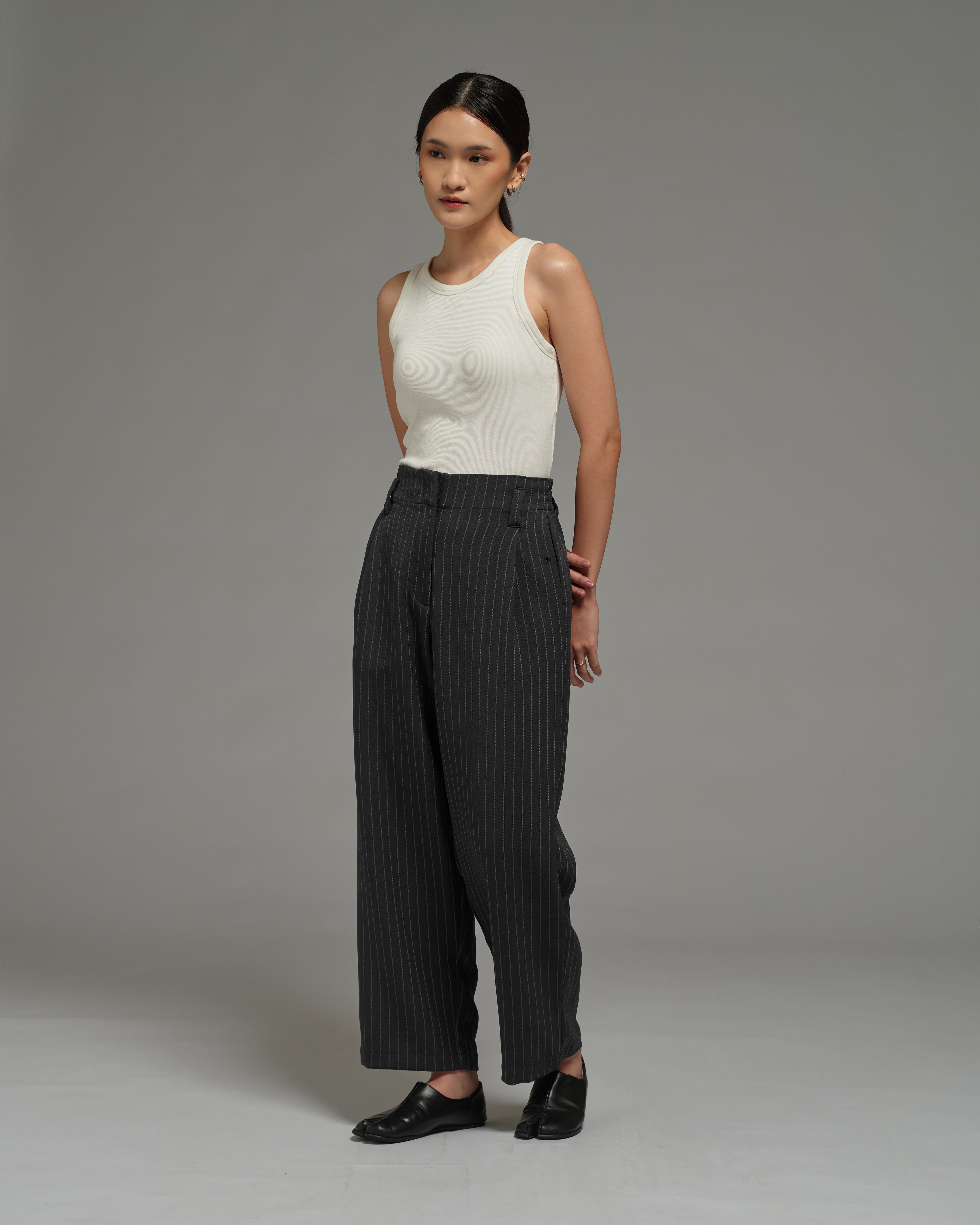 Unisex: Pleated Waist Pants (Pinstripe Dark Blue)