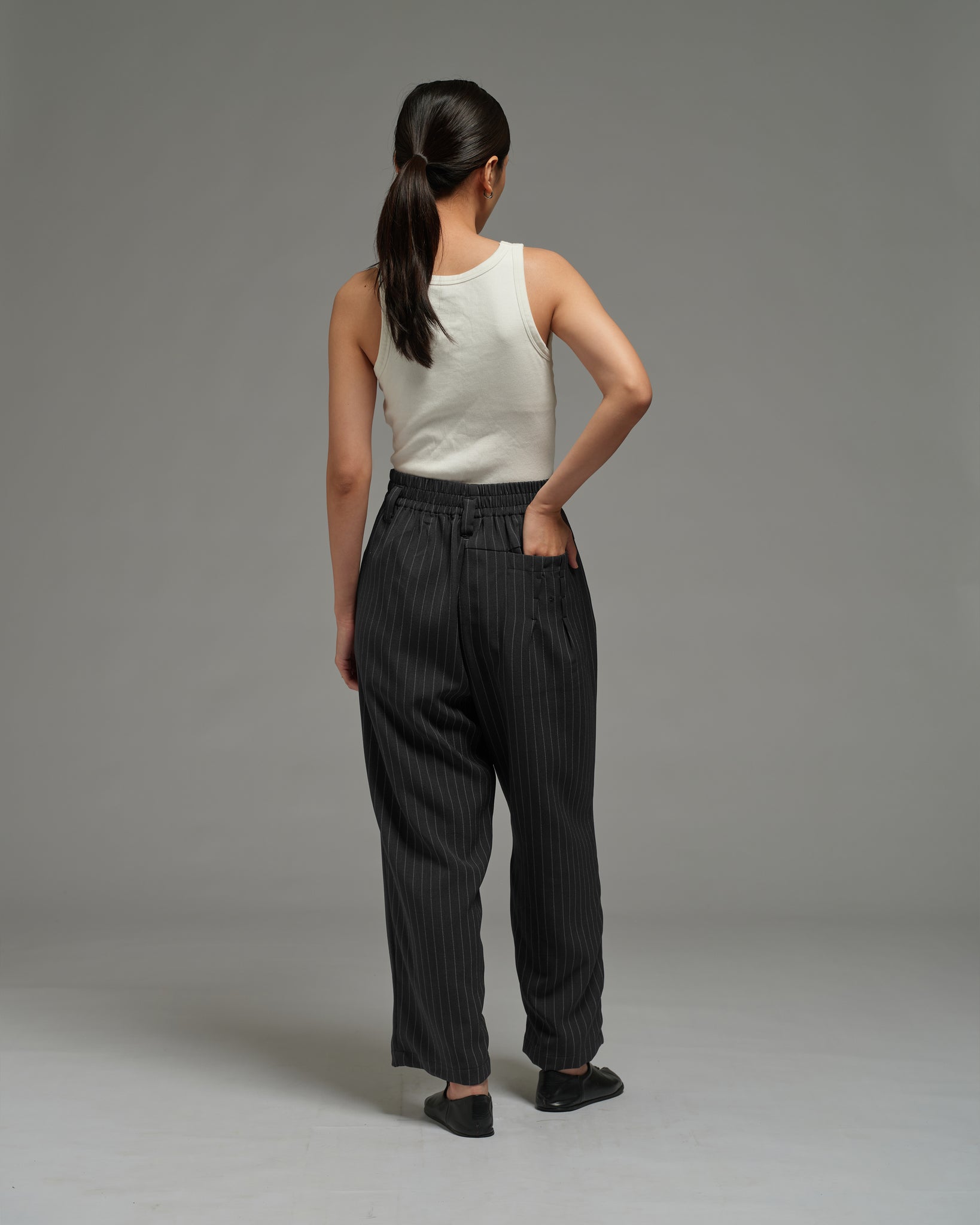 Unisex: Pleated Waist Pants (Pinstripe Dark Blue)