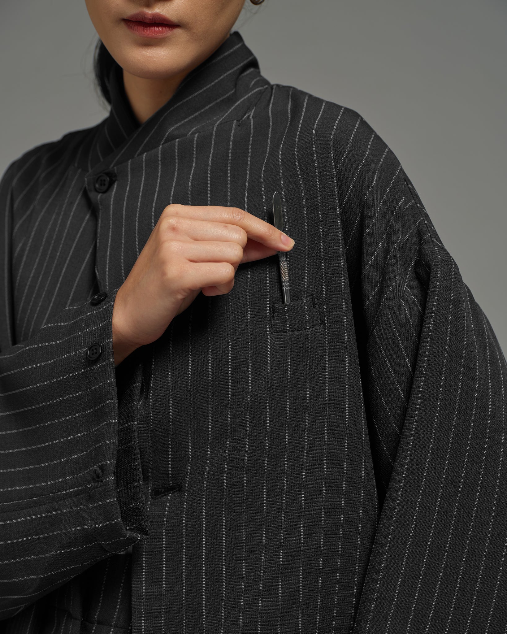 Unisex: Asymmetrical Blazer (Pinstripe Dark Blue)