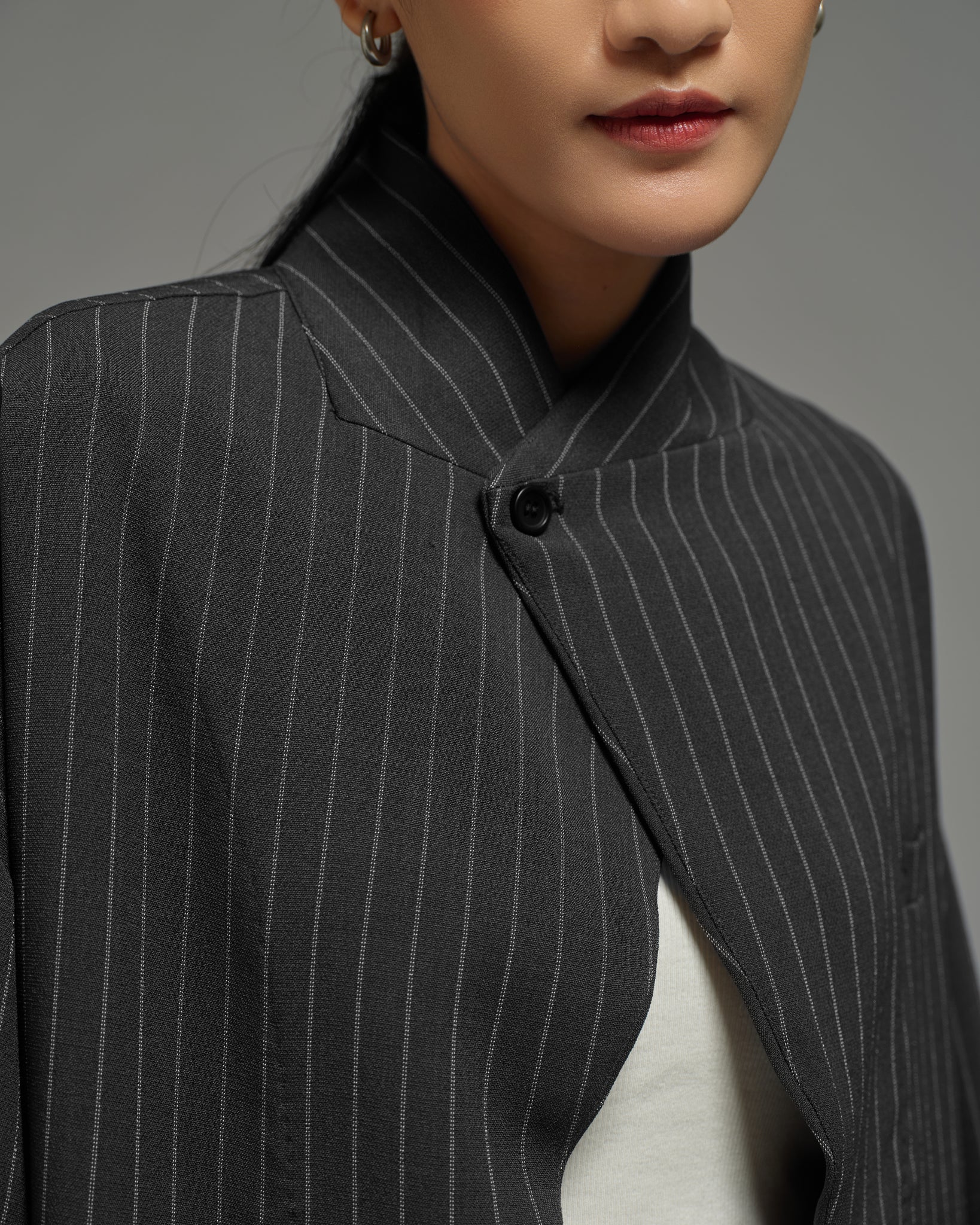 Unisex: Asymmetrical Blazer (Pinstripe Dark Blue)