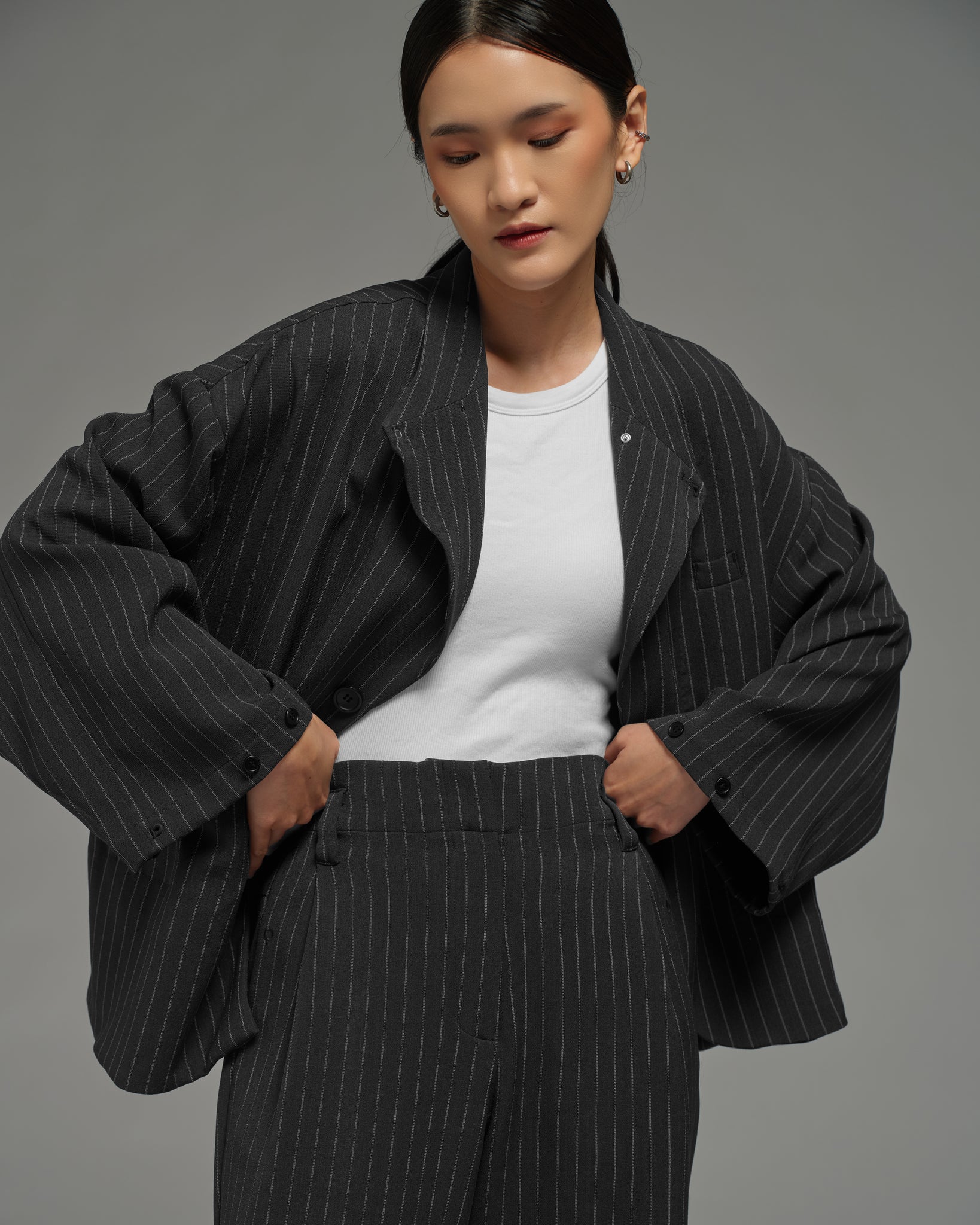 Unisex: Asymmetrical Blazer (Pinstripe Dark Blue)