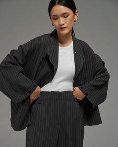Unisex: Asymmetrical Blazer (Pinstripe Dark Blue)