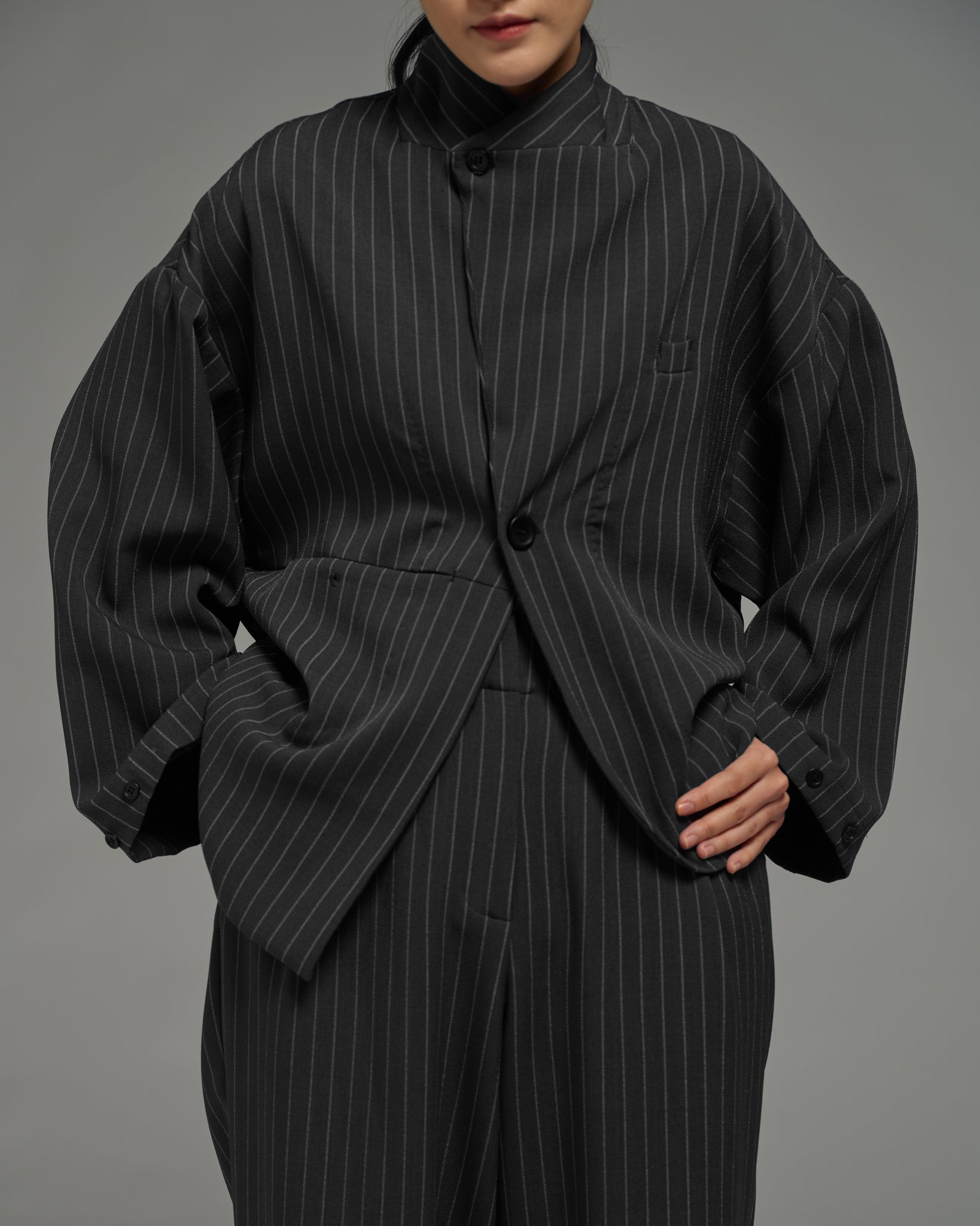 Unisex: Asymmetrical Blazer (Pinstripe Dark Blue)