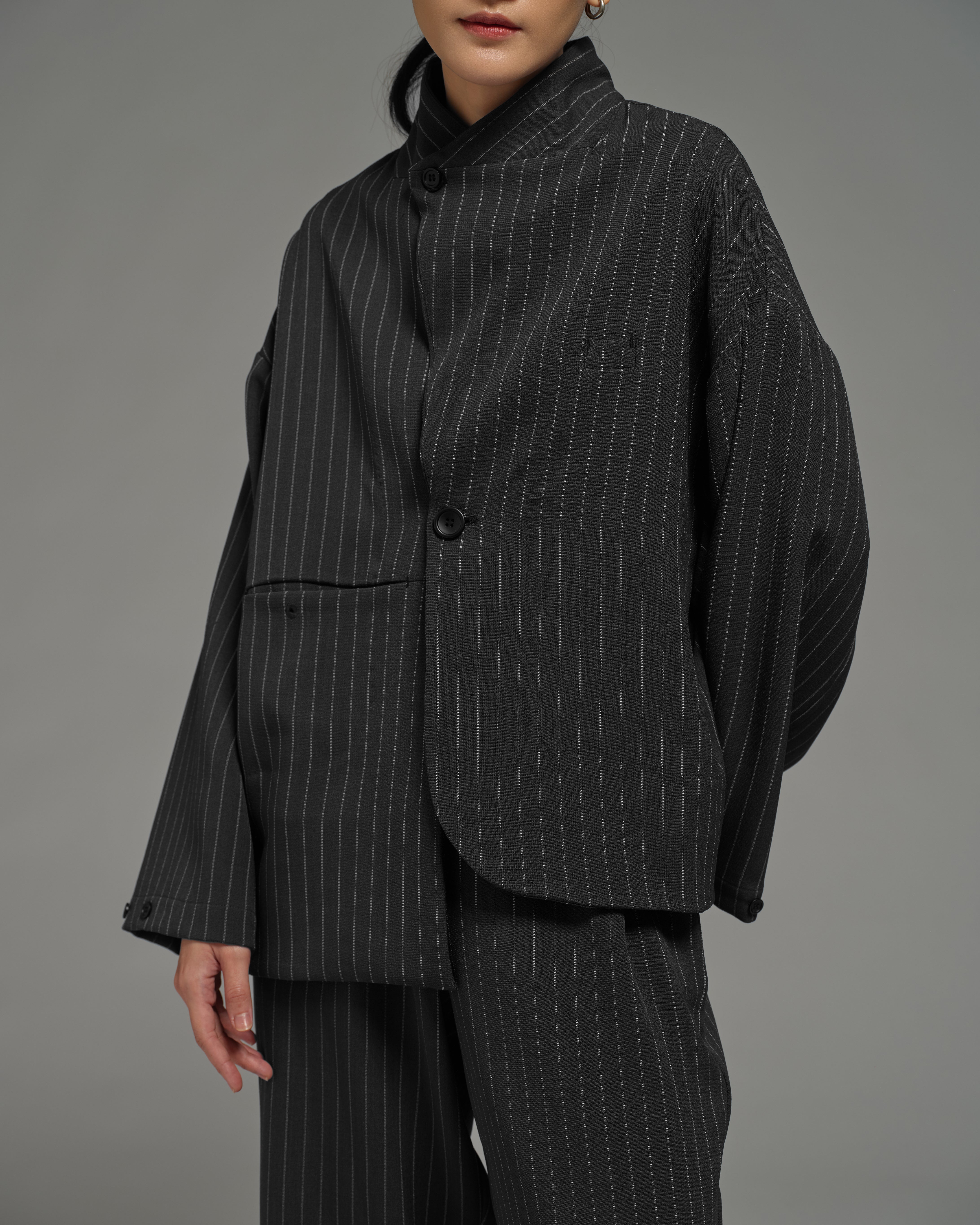 Unisex: Asymmetrical Blazer (Pinstripe Dark Blue)