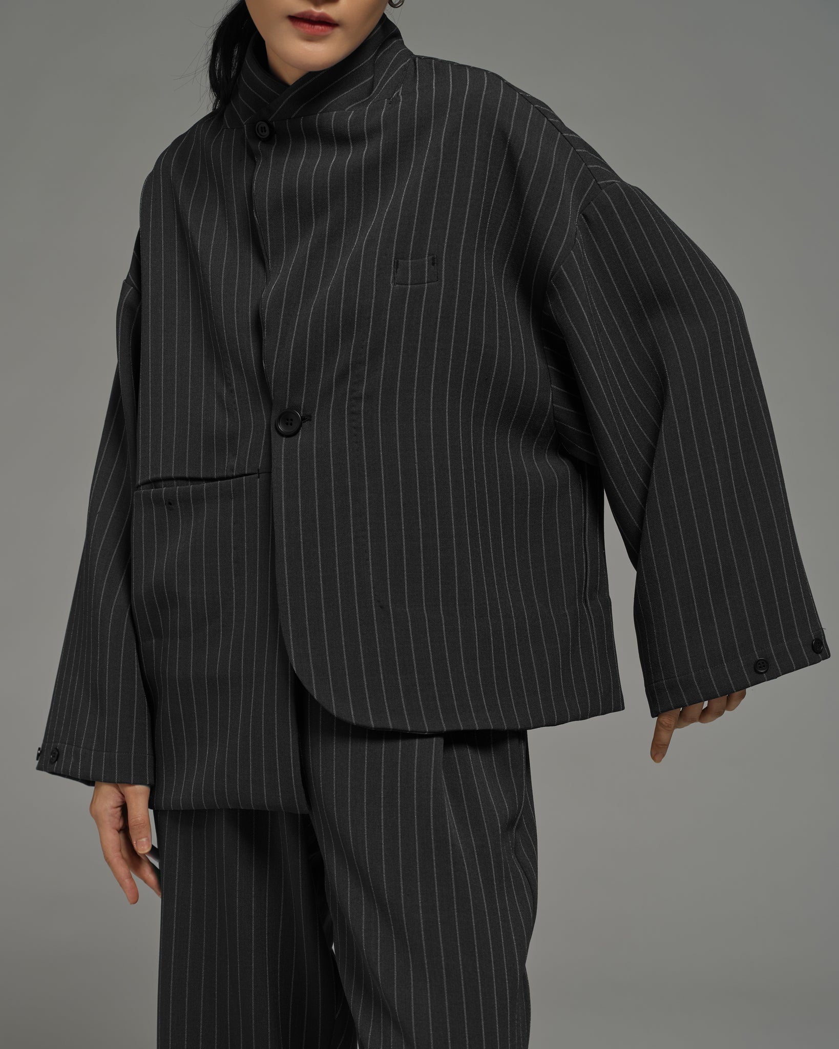 Unisex: Asymmetrical Blazer (Pinstripe Dark Blue)