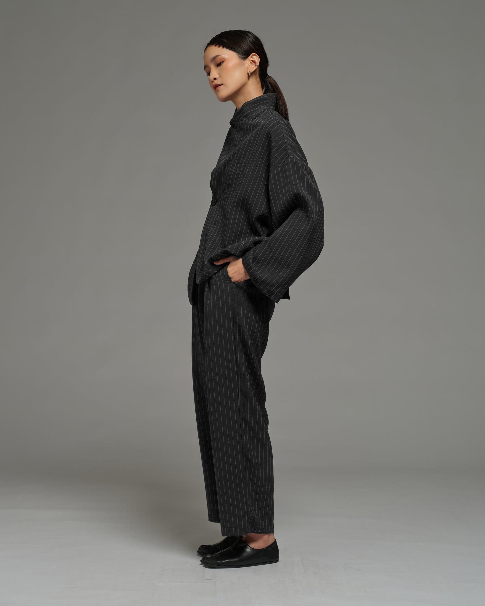 Unisex: Pleated Waist Pants (Pinstripe Dark Blue)