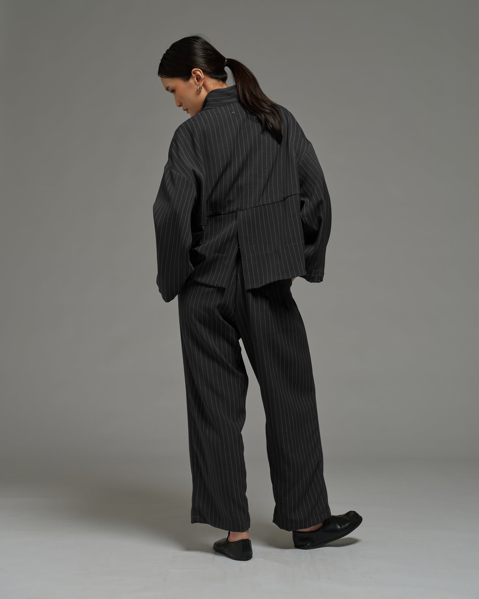 Unisex: Asymmetrical Blazer (Pinstripe Dark Blue)