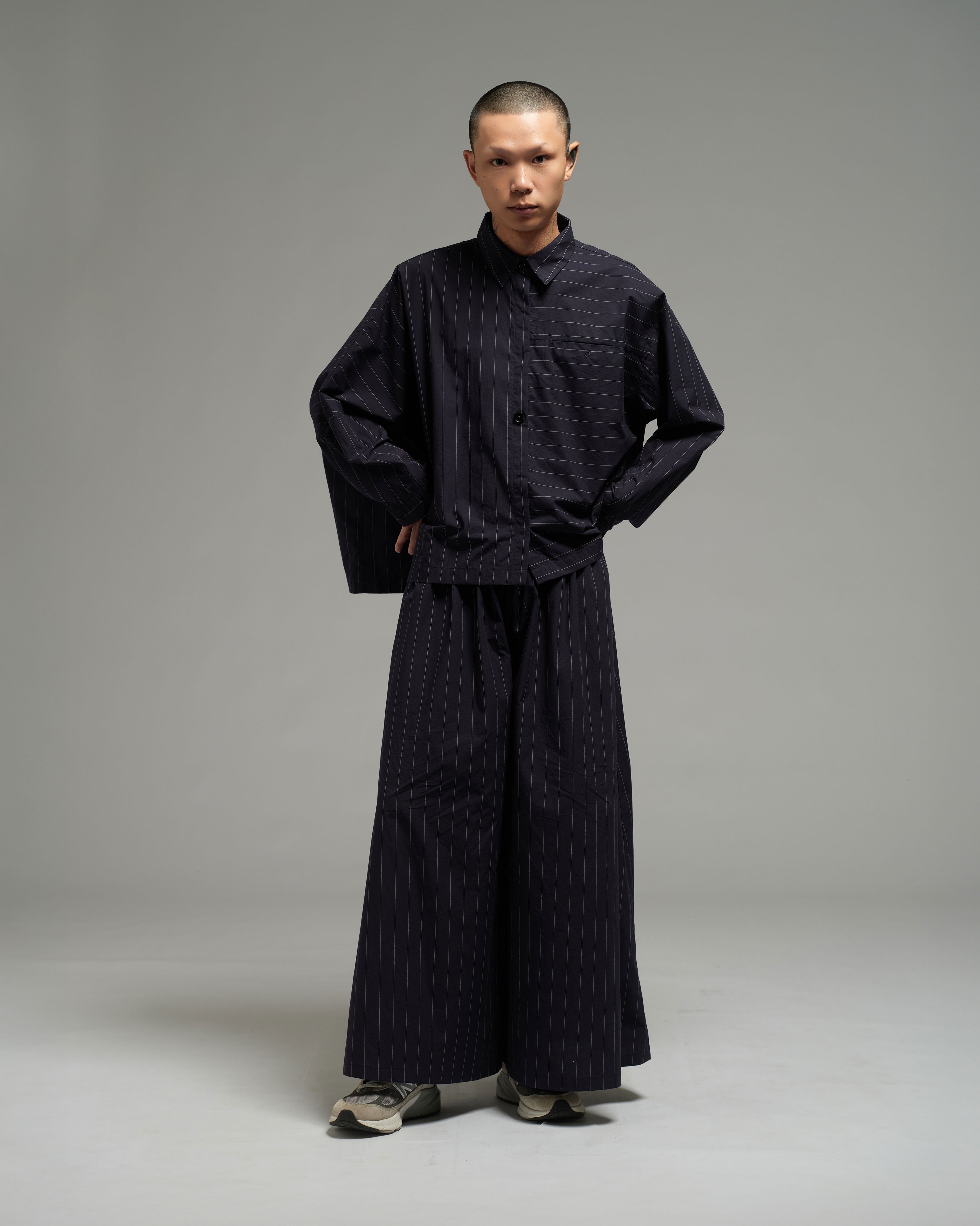 Unisex: Asymmetrical Shirt (Pinstripe Dark Blue)