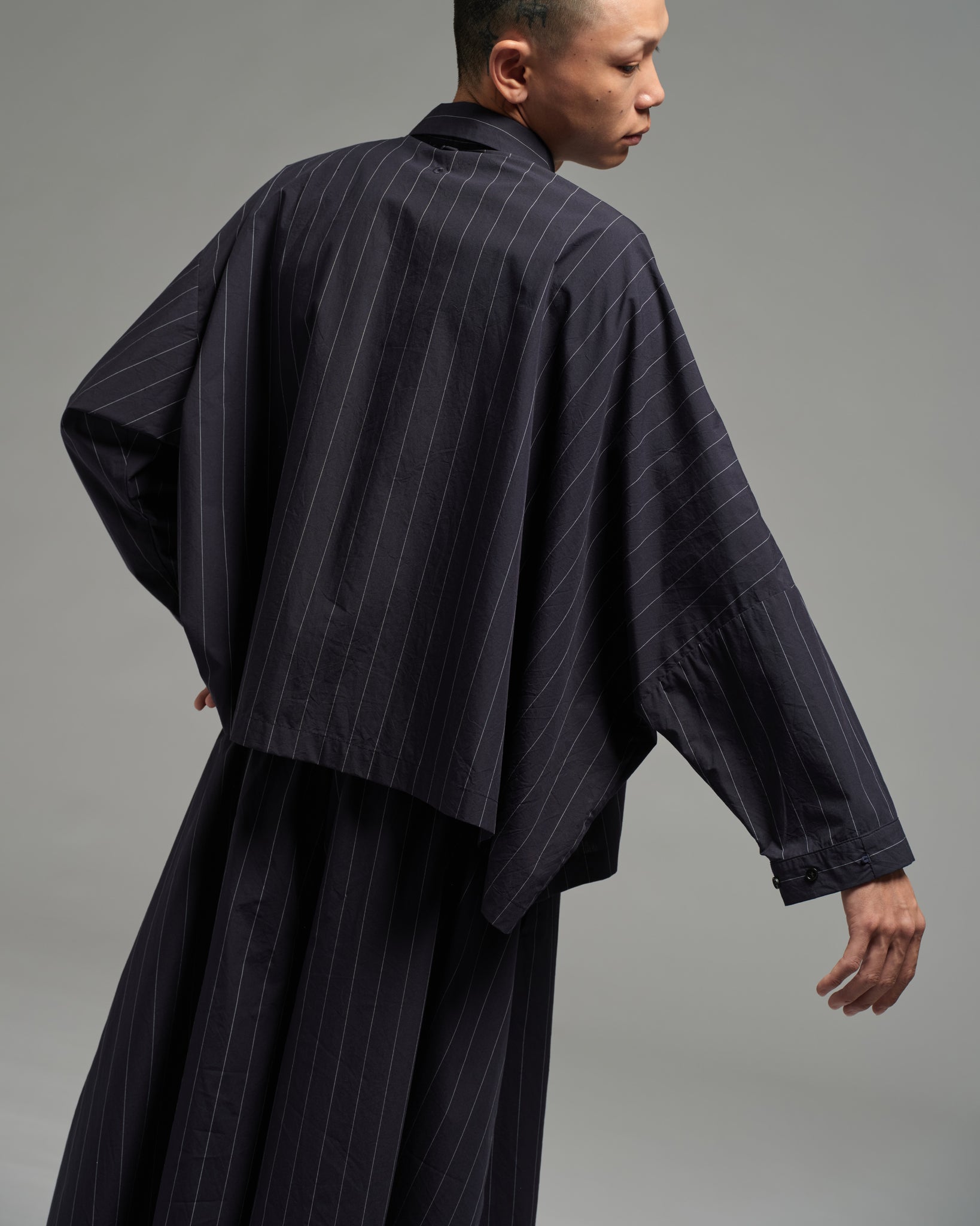 Unisex: Asymmetrical Shirt (Pinstripe Dark Blue)