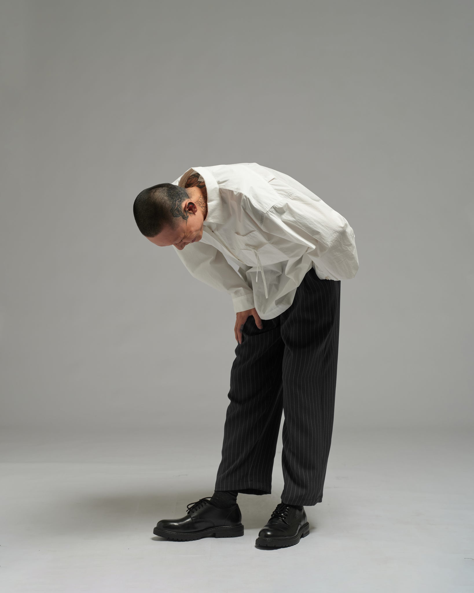 Unisex: Pleated Waist Pants (Pinstripe Dark Blue)