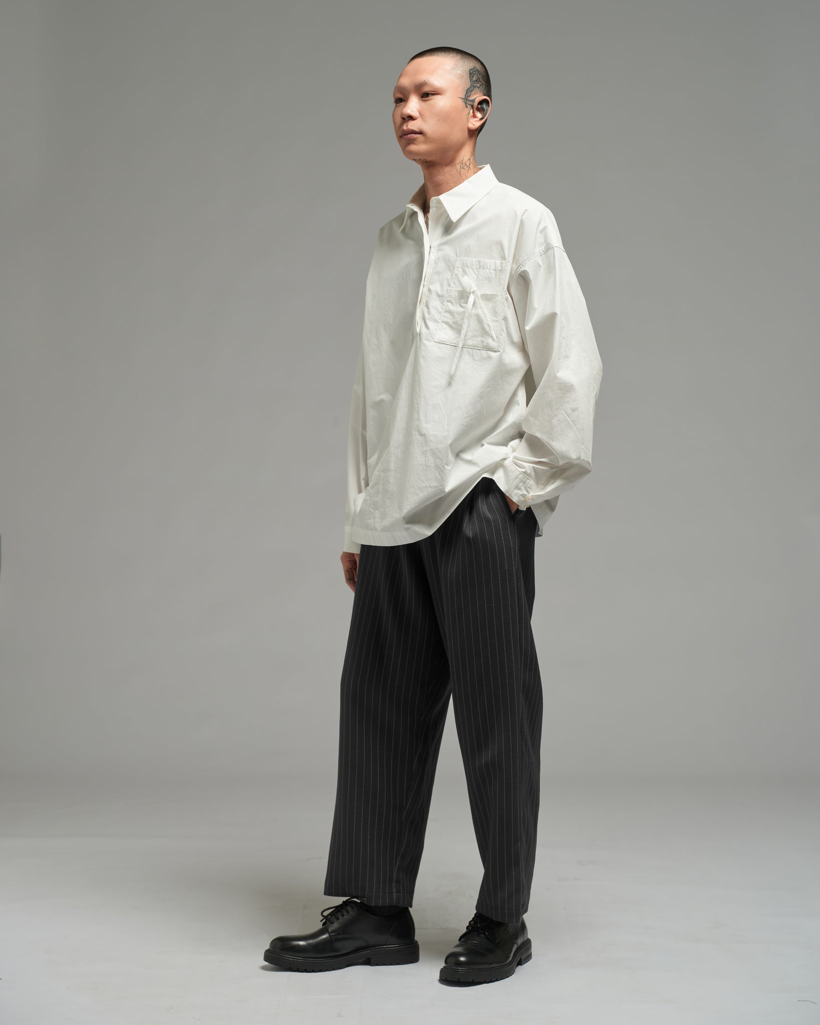 Unisex: Pleated Waist Pants (Pinstripe Dark Blue)