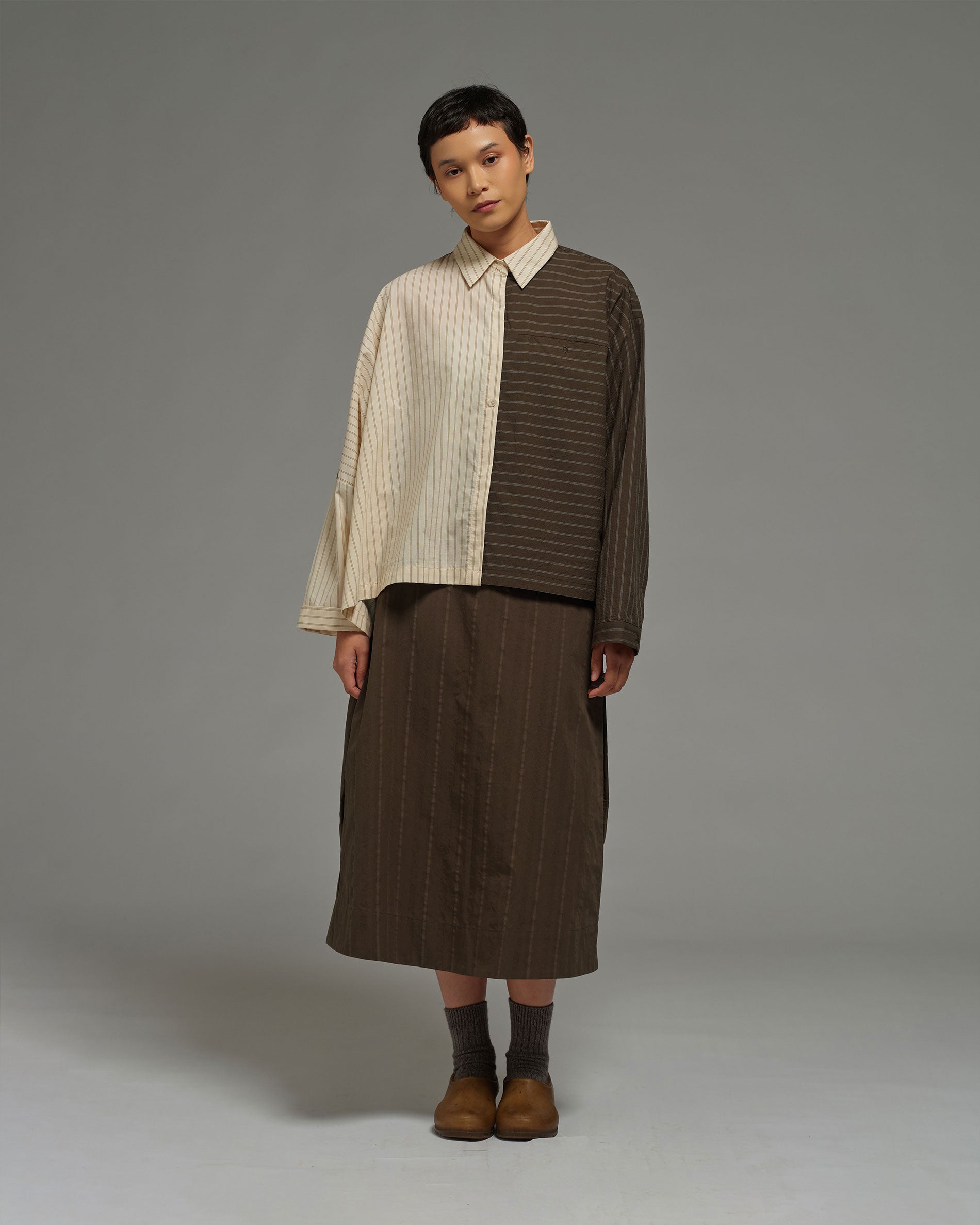 Unisex: Asymmetrical Shirt (Brown Stripe)
