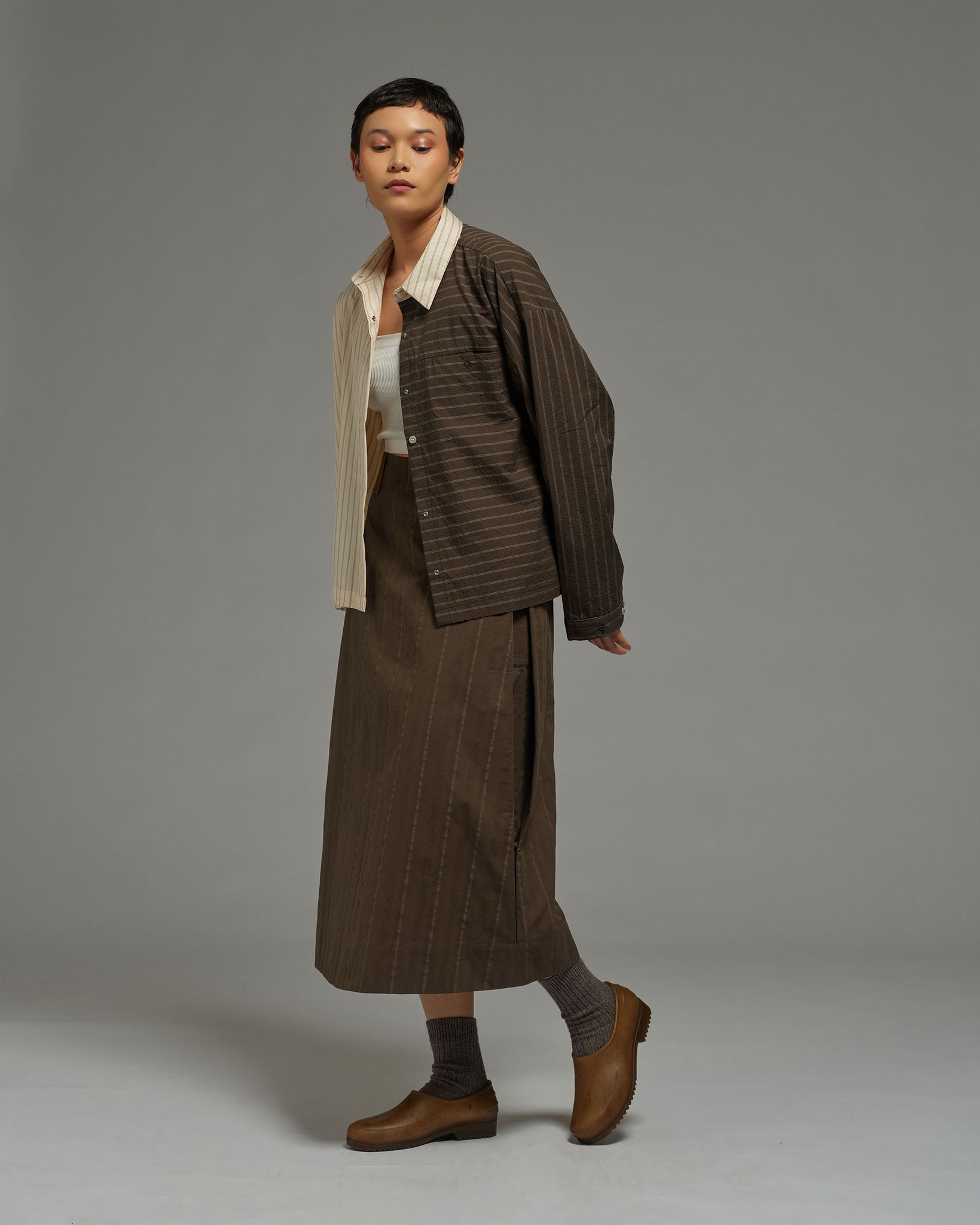 Unisex: Asymmetrical Shirt (Brown Stripe)