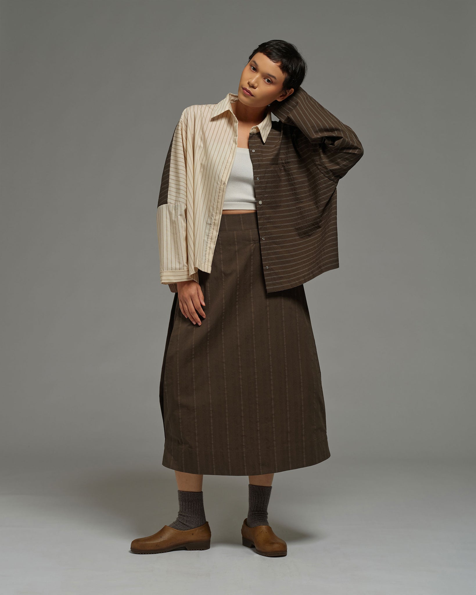 Unisex: Asymmetrical Shirt (Brown Stripe)