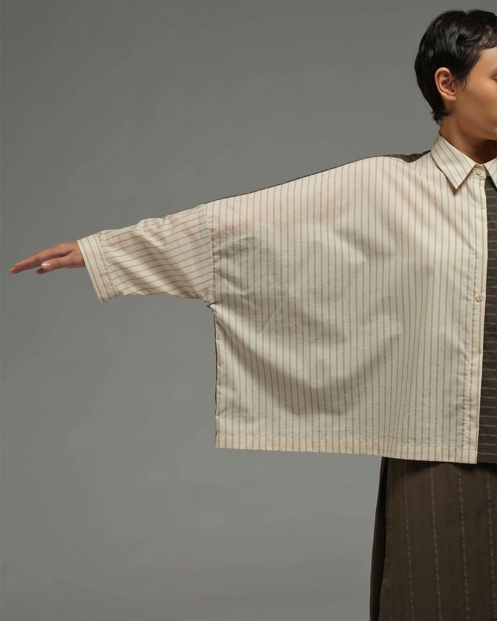 Unisex: Asymmetrical Shirt (Brown Stripe)
