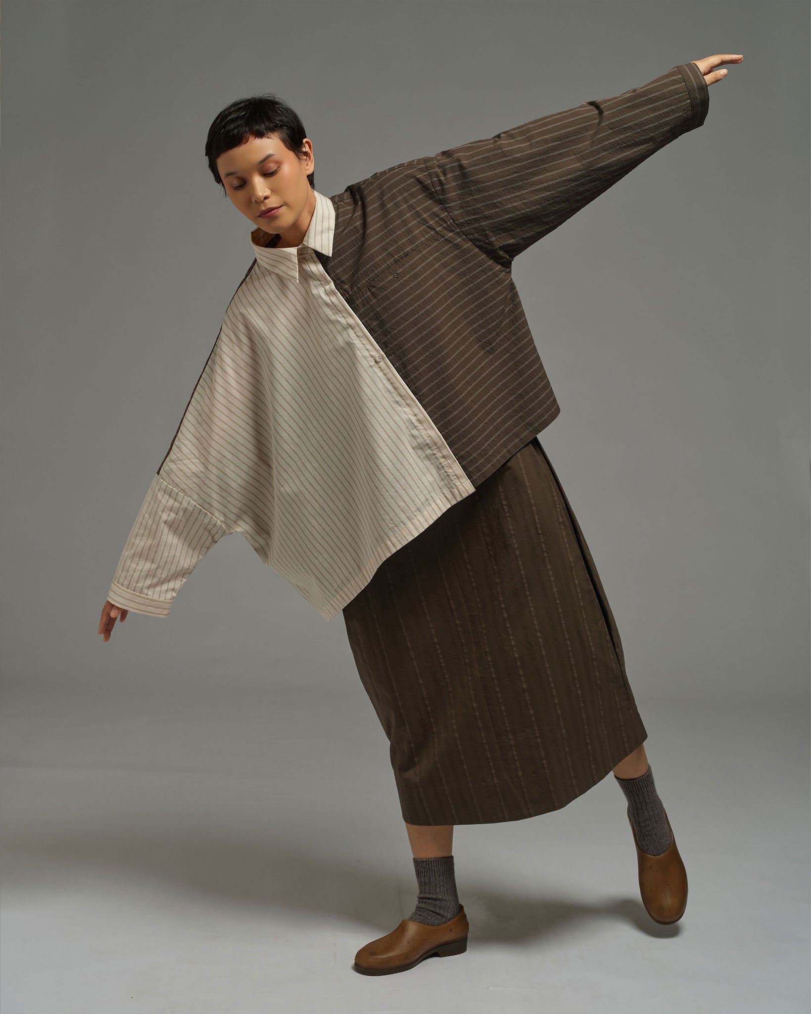 Unisex: Asymmetrical Shirt (Brown Stripe)