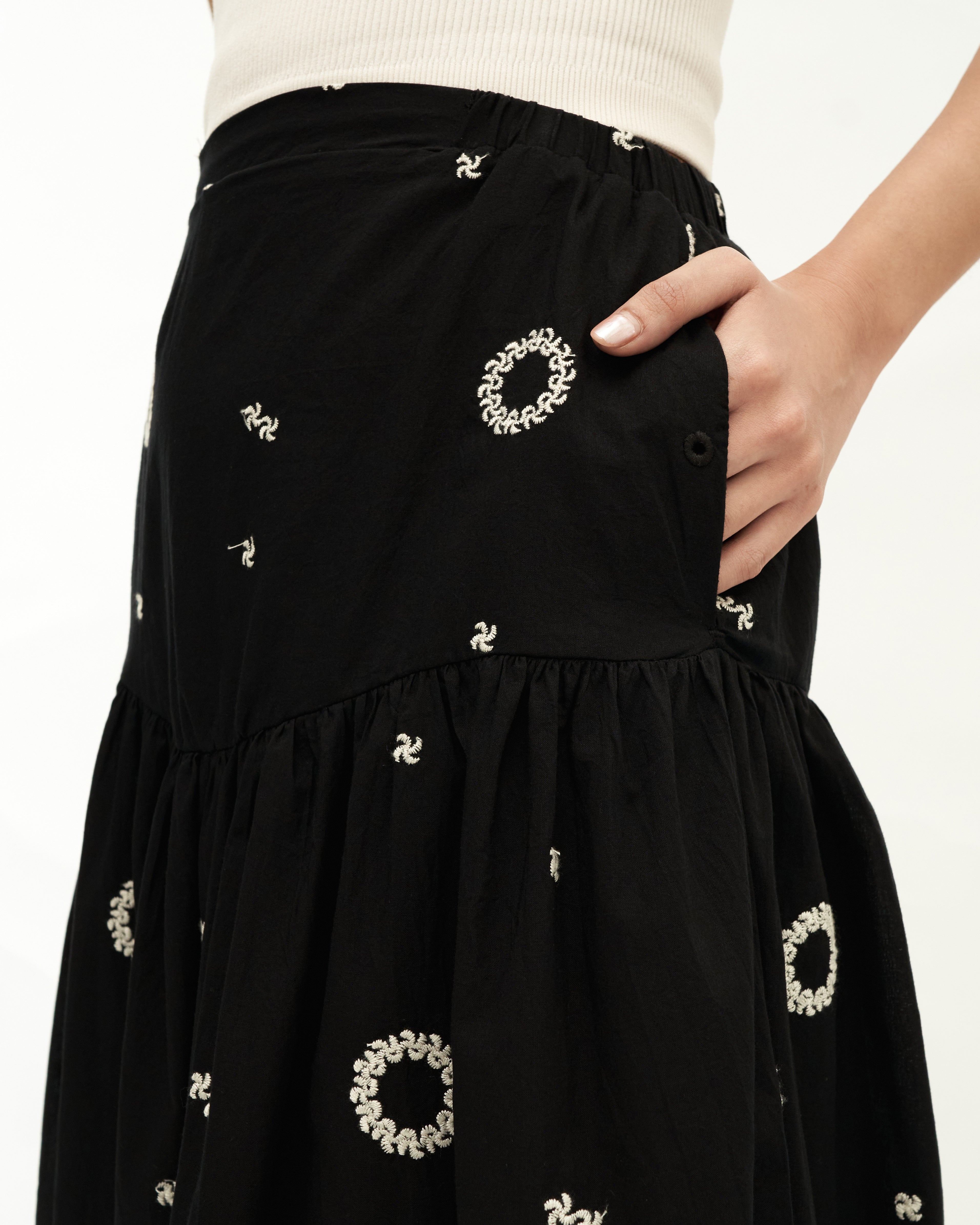 Women: Suria Gathered Skirt (Black Embroidered)