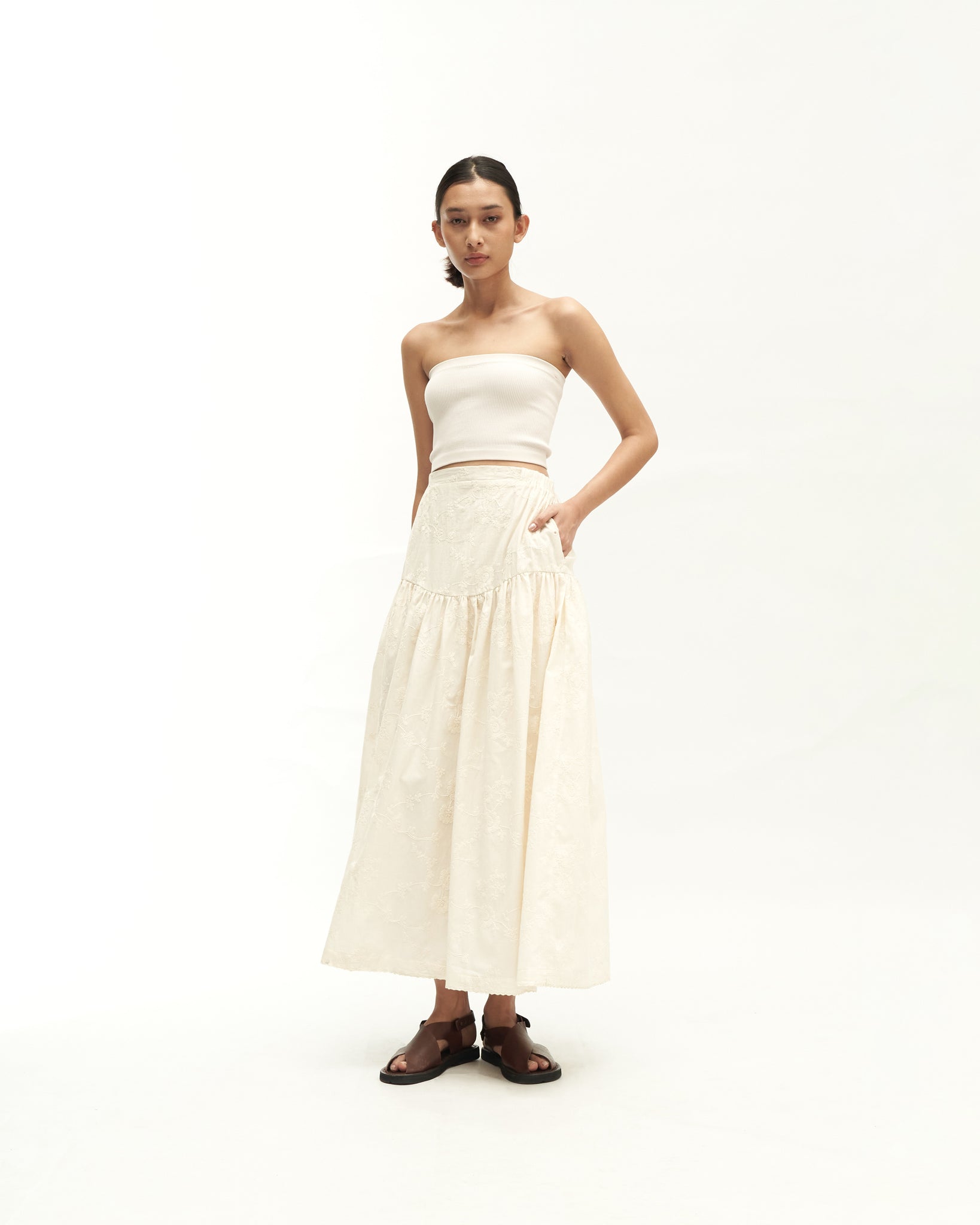 Women: Suria Gathered Skirt (White Embroidered)