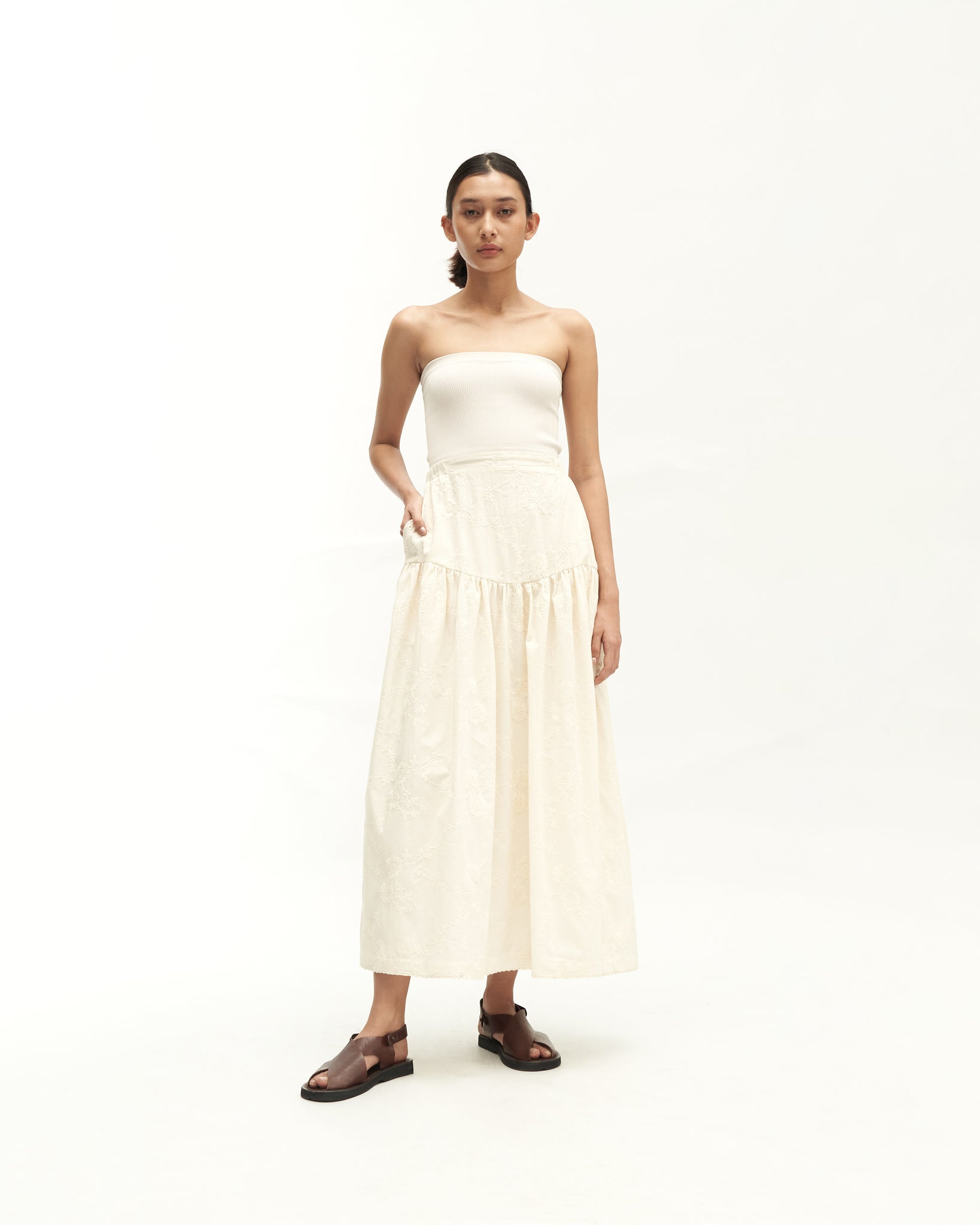 Women: Suria Gathered Skirt (White Embroidered)